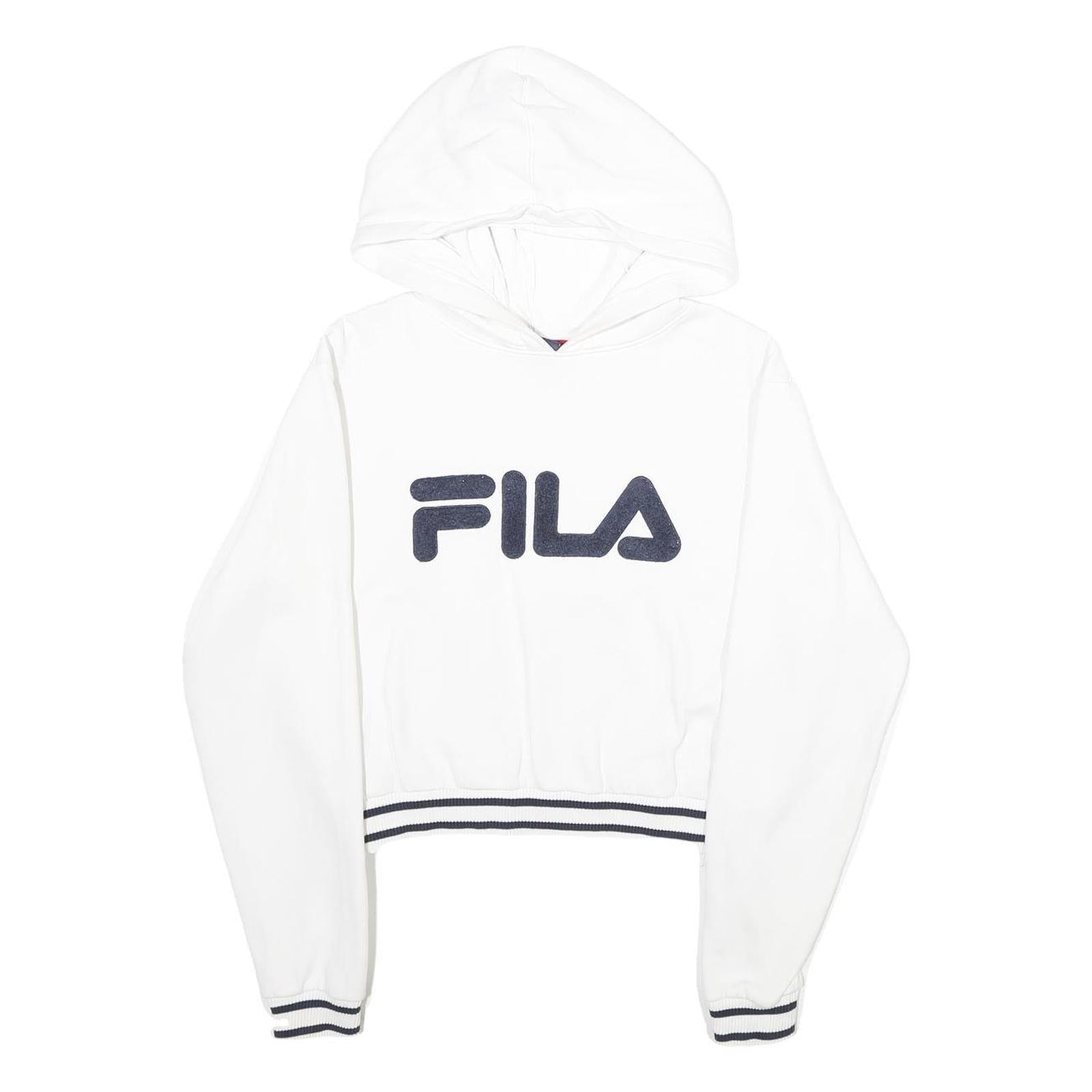 FILA Womens White Hoodie M Cotton Blend Logo Print Casual Pullover