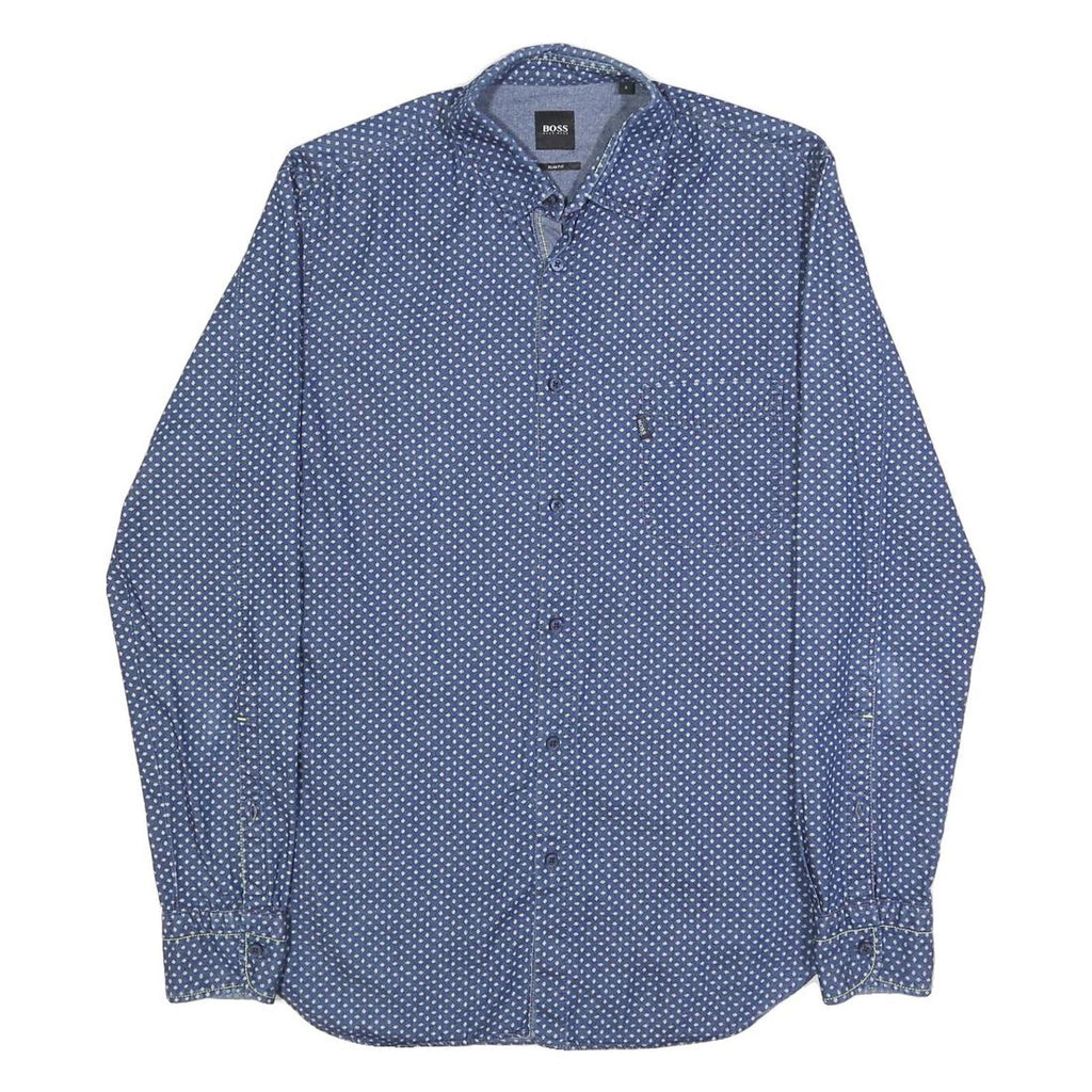 BOSS HUGO BOSS Mens Blue & White Patterned Shirt S Cotton Long Sleeve Casual