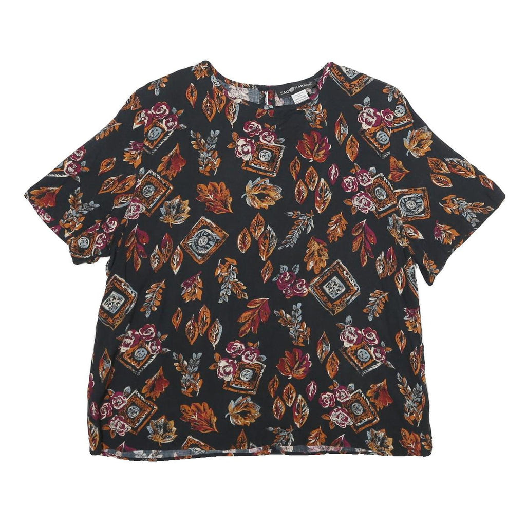 SAG HARBOUR Womens Black Printed Top Short Sleeve Round Neck L Rayon Casual