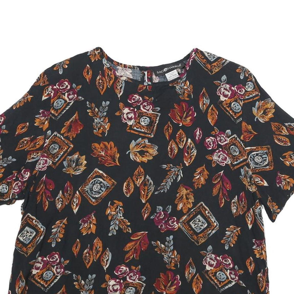 SAG HARBOUR Womens Black Printed Top Short Sleeve Round Neck L Rayon Casual