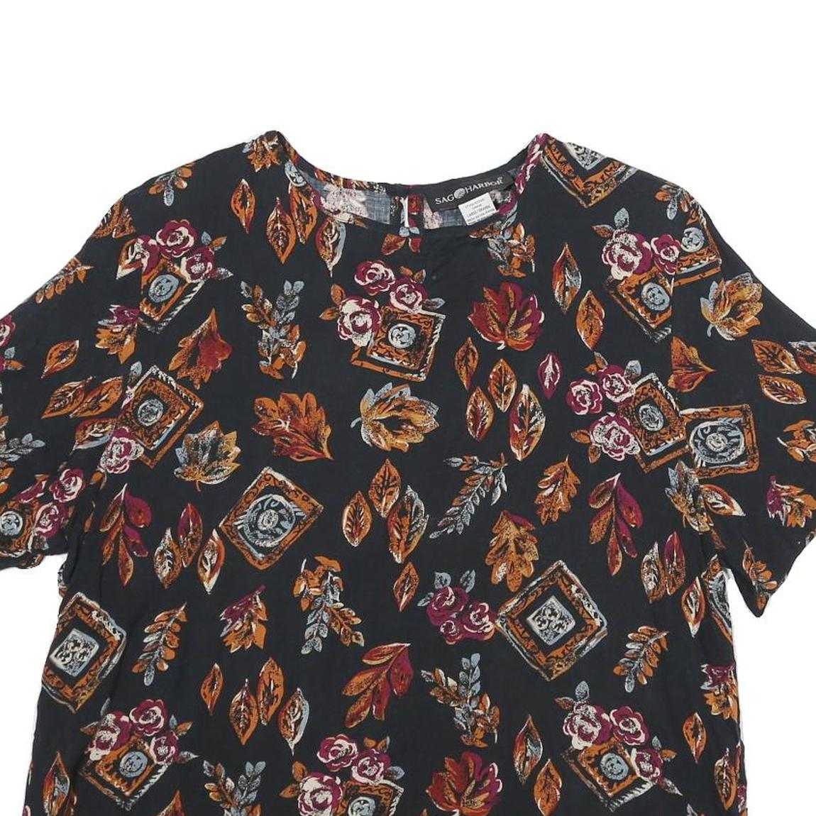 SAG HARBOUR Womens Black Printed Top Short Sleeve Round Neck L Rayon Casual