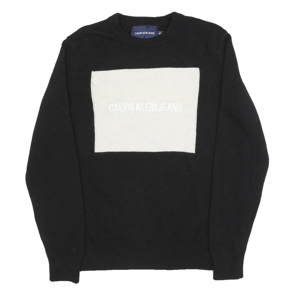 CALVIN KLEIN JEANS Mens Black White Logo Patterned Wool Blend Jumper M Crew Neck