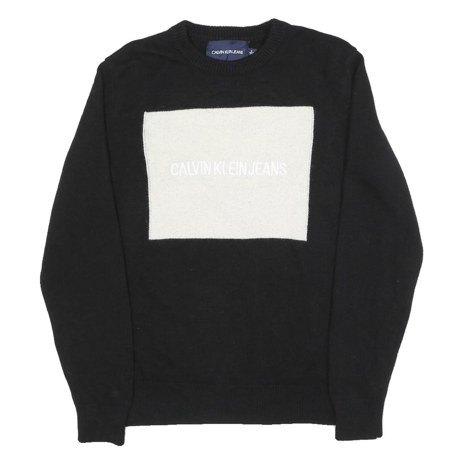 CALVIN KLEIN JEANS Mens Black White Logo Patterned Wool Blend Jumper M Crew Neck