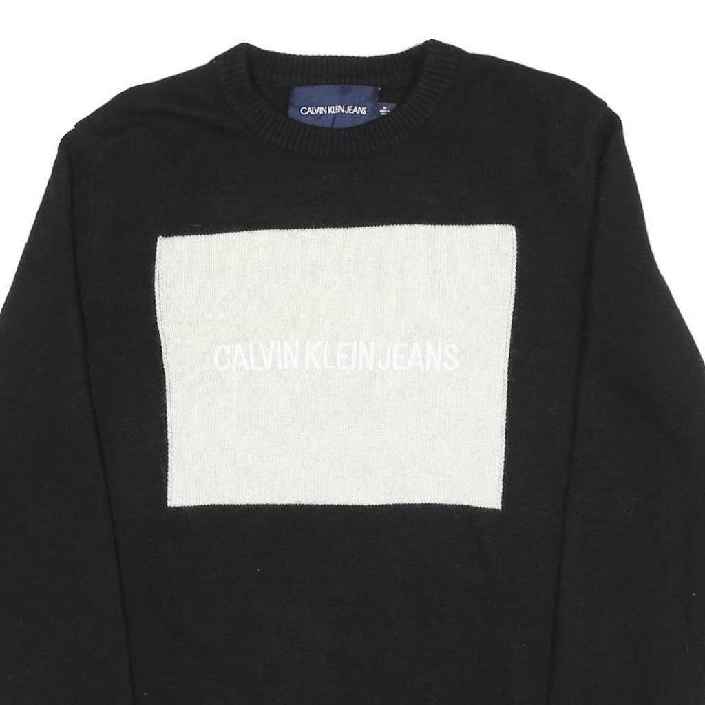 CALVIN KLEIN JEANS Mens Black White Logo Patterned Wool Blend Jumper M Crew Neck