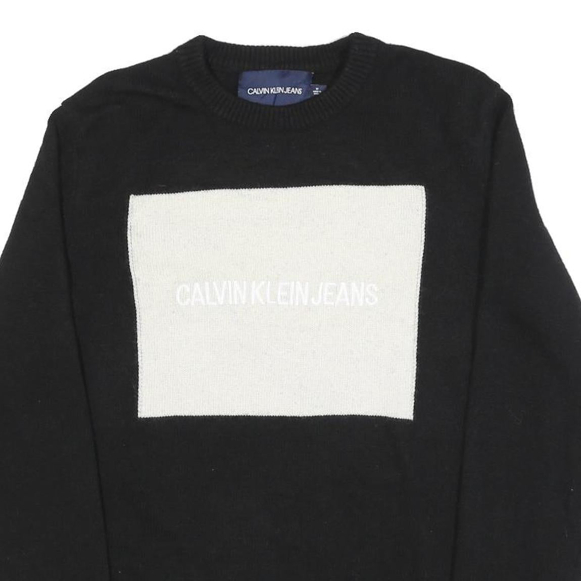 CALVIN KLEIN JEANS Mens Black White Logo Patterned Wool Blend Jumper M Crew Neck