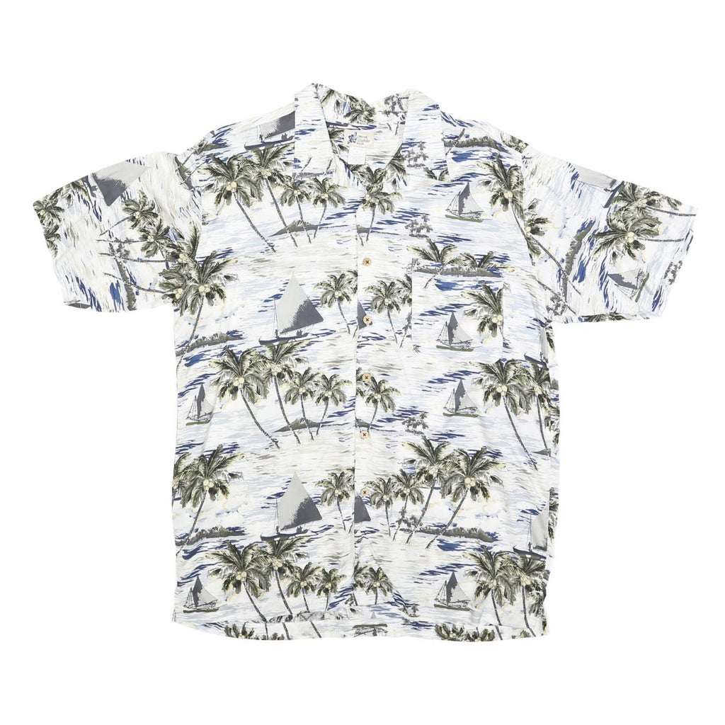 CHEROKEE Mens White & Green Printed Rayon Shirt M Tropical Palm Print