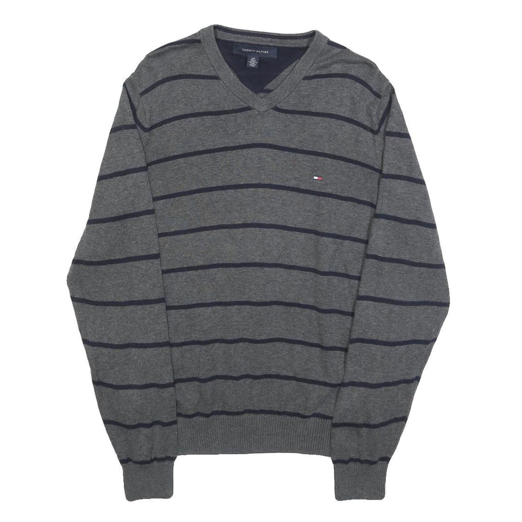 TOMMY HILFIGER Mens Grey & Navy Striped Pattern Cotton Blend Jumper V-Neck Basic