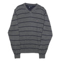 TOMMY HILFIGER Mens Grey & Navy Striped Pattern Cotton Blend Jumper V-Neck Basic