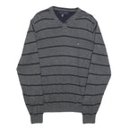 TOMMY HILFIGER Mens Grey & Navy Striped Pattern Cotton Blend Jumper V-Neck Basic