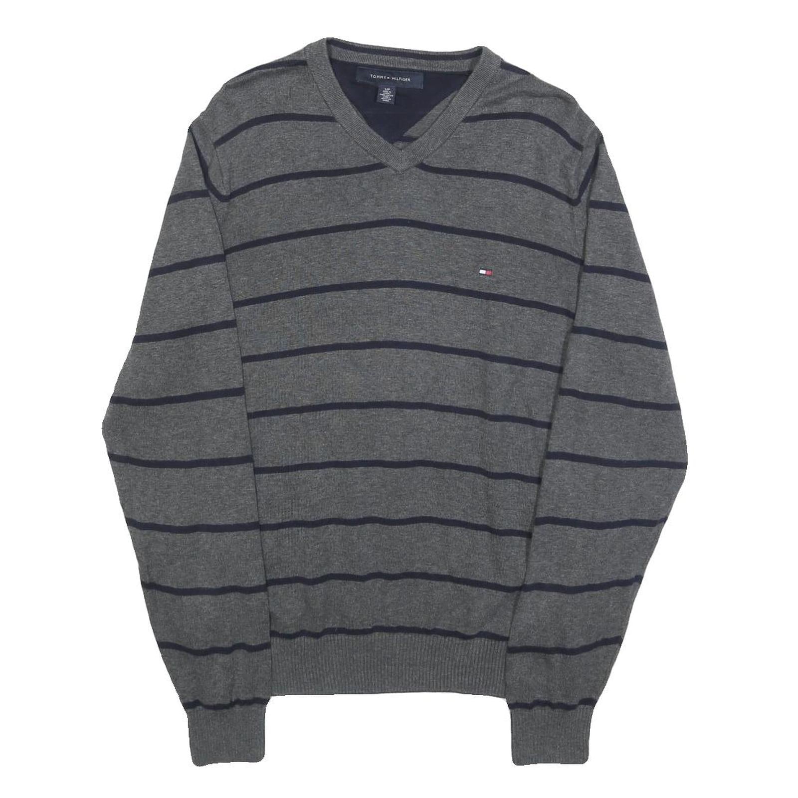 TOMMY HILFIGER Mens Grey & Navy Striped Pattern Cotton Blend Jumper V-Neck Basic