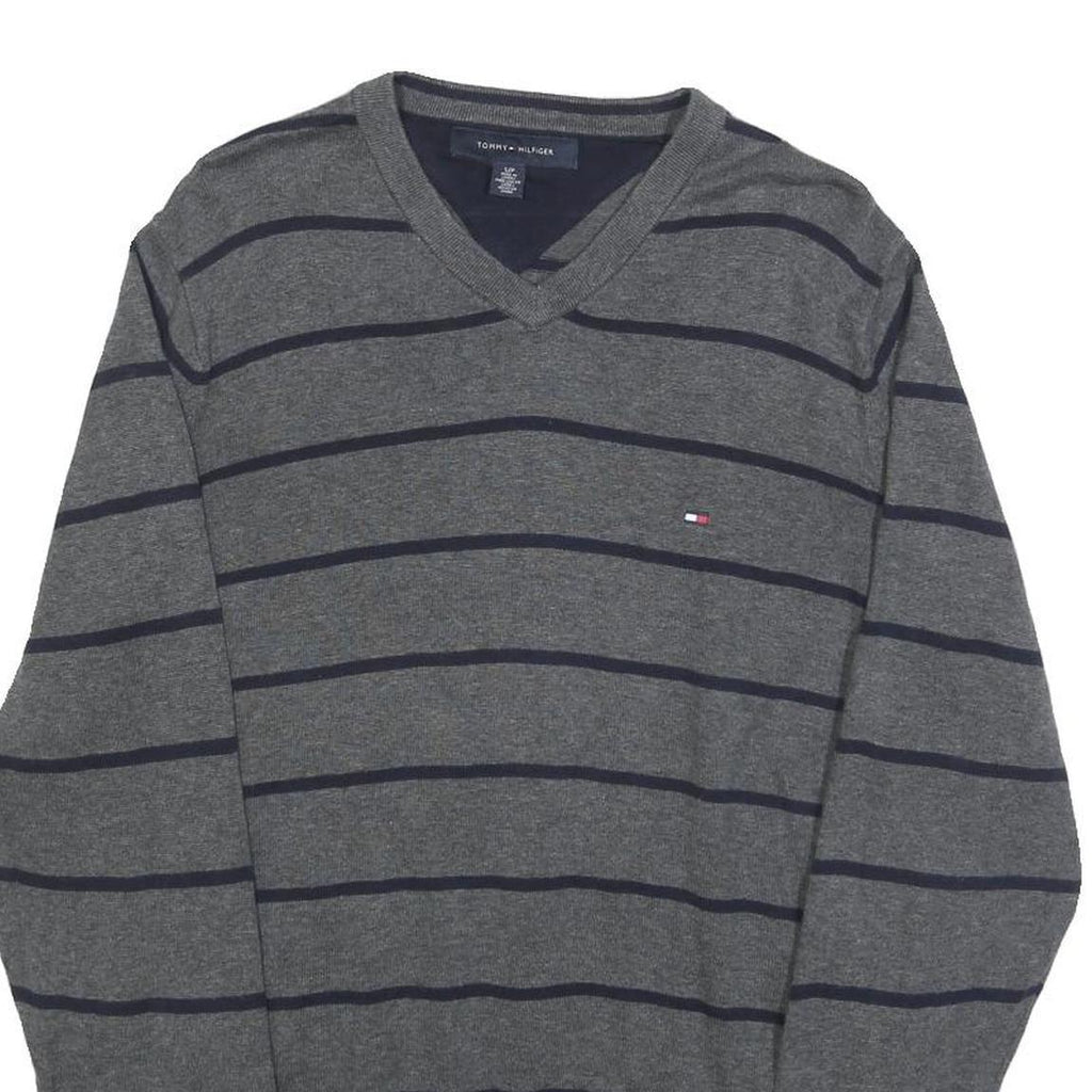TOMMY HILFIGER Mens Grey & Navy Striped Pattern Cotton Blend Jumper V-Neck Basic