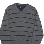TOMMY HILFIGER Mens Grey & Navy Striped Pattern Cotton Blend Jumper V-Neck Basic