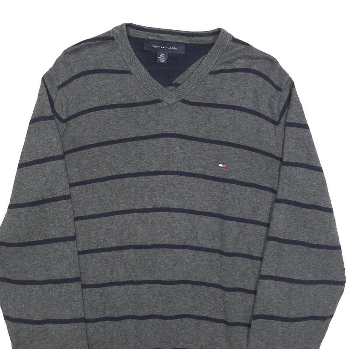 TOMMY HILFIGER Mens Grey & Navy Striped Pattern Cotton Blend Jumper V-Neck Basic