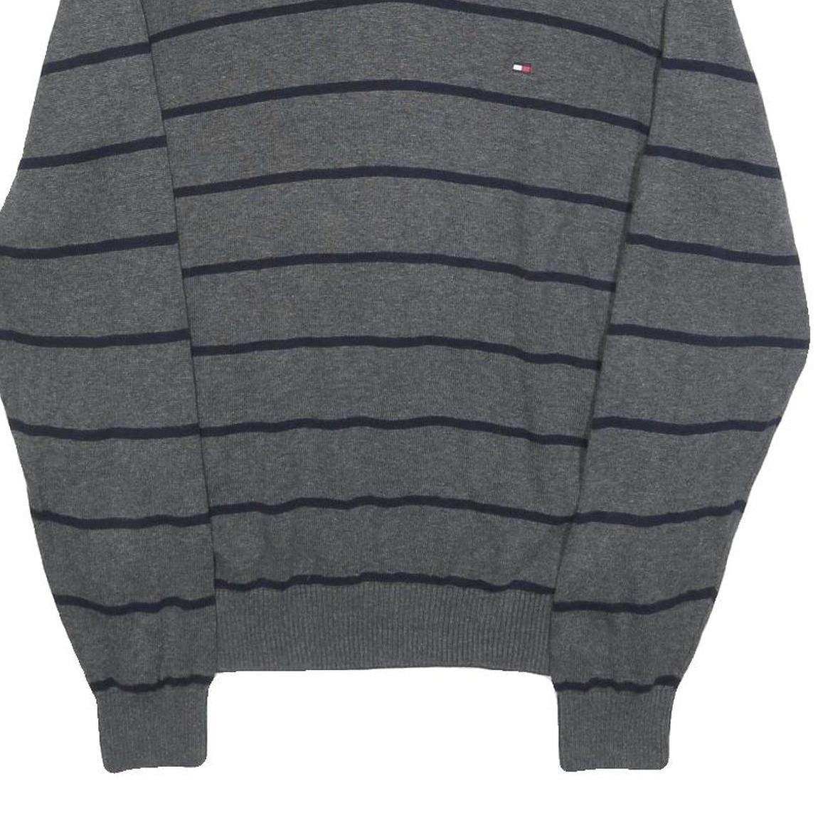TOMMY HILFIGER Mens Grey & Navy Striped Pattern Cotton Blend Jumper V-Neck Basic