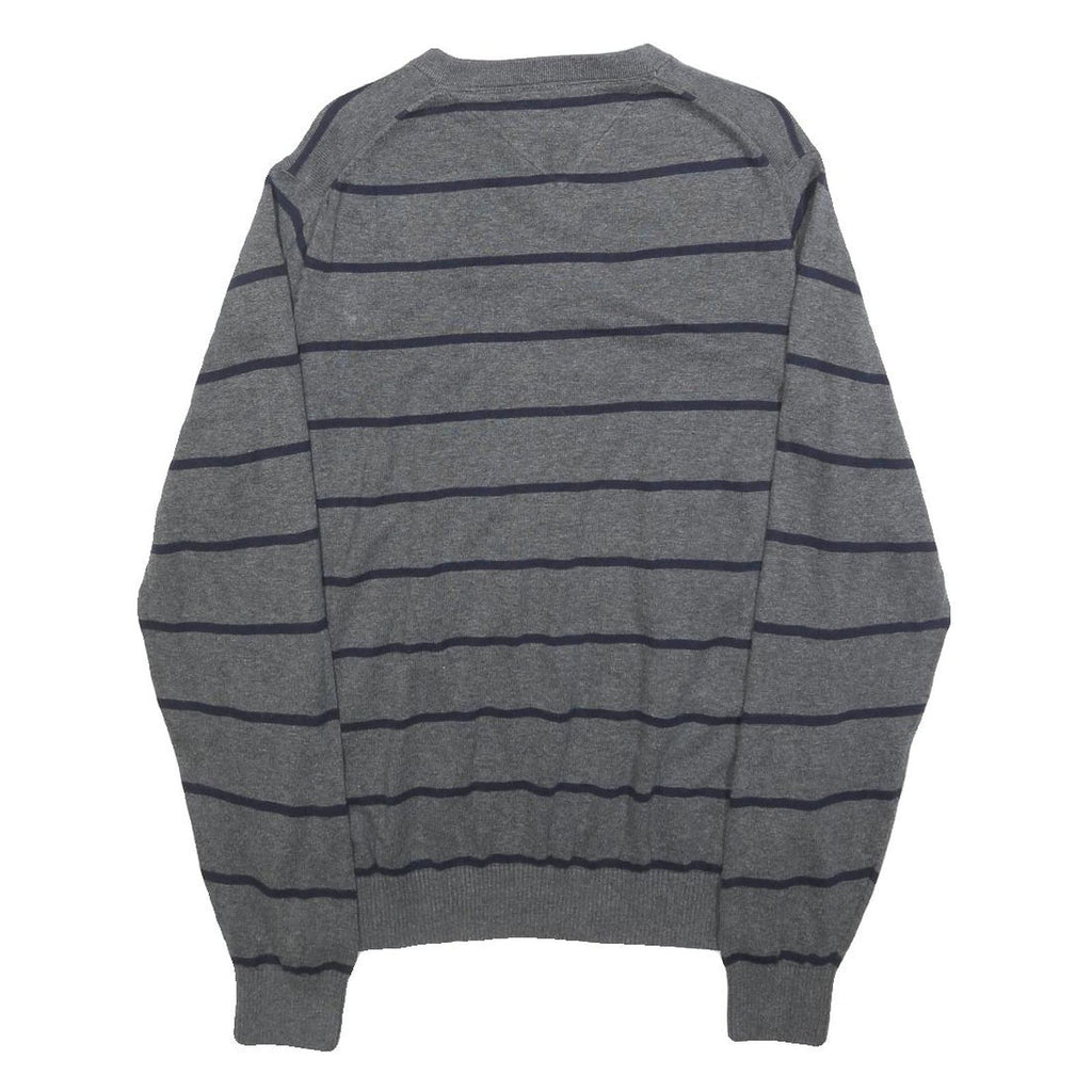 TOMMY HILFIGER Mens Grey & Navy Striped Pattern Cotton Blend Jumper V-Neck Basic