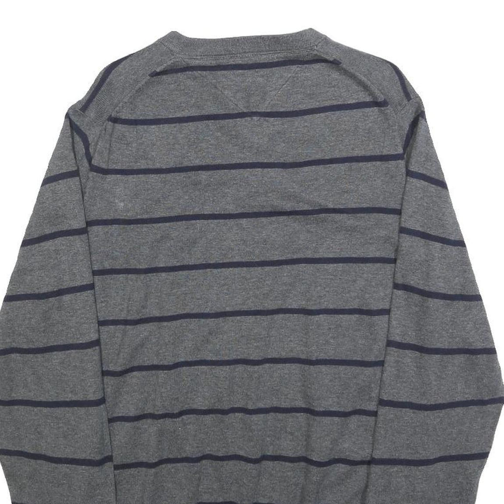 TOMMY HILFIGER Mens Grey & Navy Striped Pattern Cotton Blend Jumper V-Neck Basic