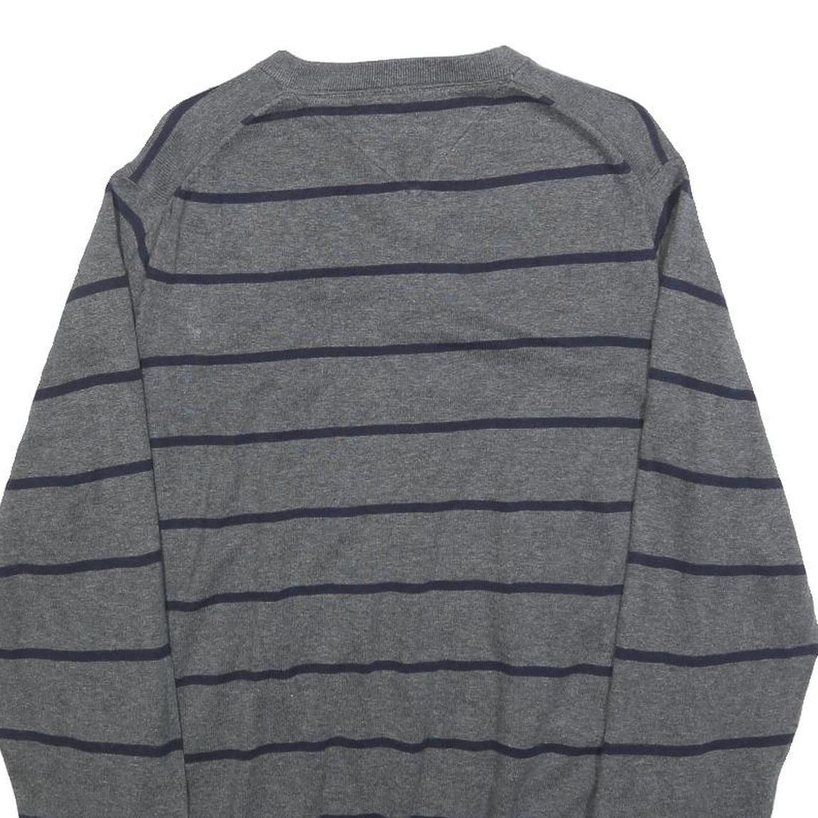 TOMMY HILFIGER Mens Grey & Navy Striped Pattern Cotton Blend Jumper V-Neck Basic