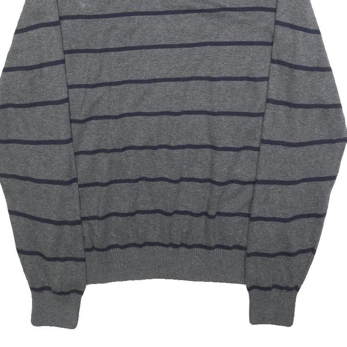 TOMMY HILFIGER Mens Grey & Navy Striped Pattern Cotton Blend Jumper V-Neck Basic