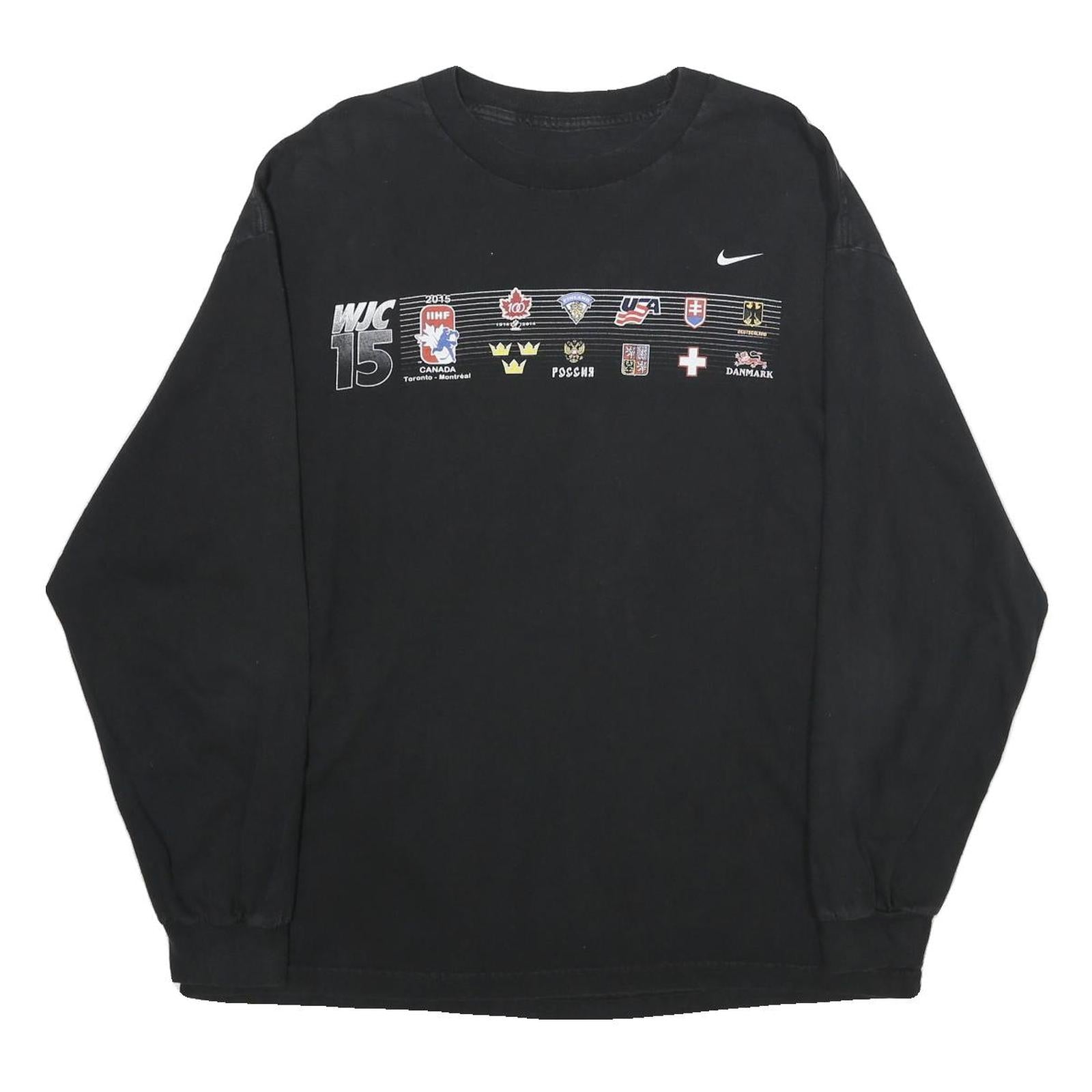 NIKE Mens Black WJC 15 Graphic Long Sleeve Crew Neck T-Shirt XL Cotton