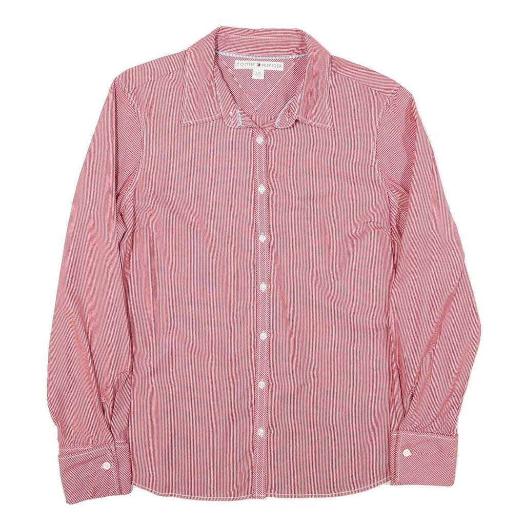 TOMMY HILFIGER Womens Red Striped Shirt L Button Front Classic Collar Cotton