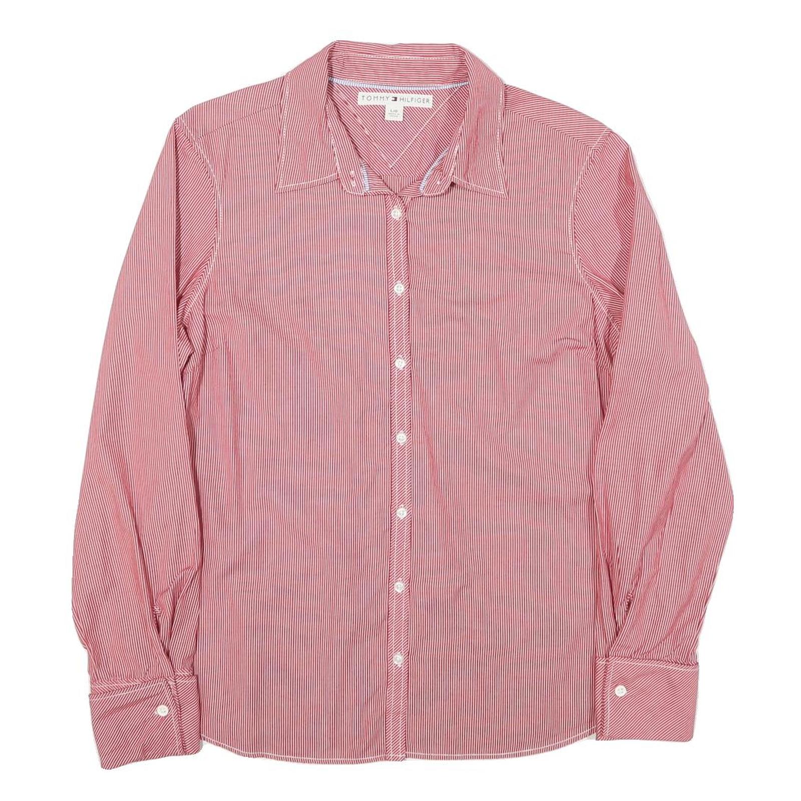 TOMMY HILFIGER Womens Red Striped Shirt L Button Front Classic Collar Cotton