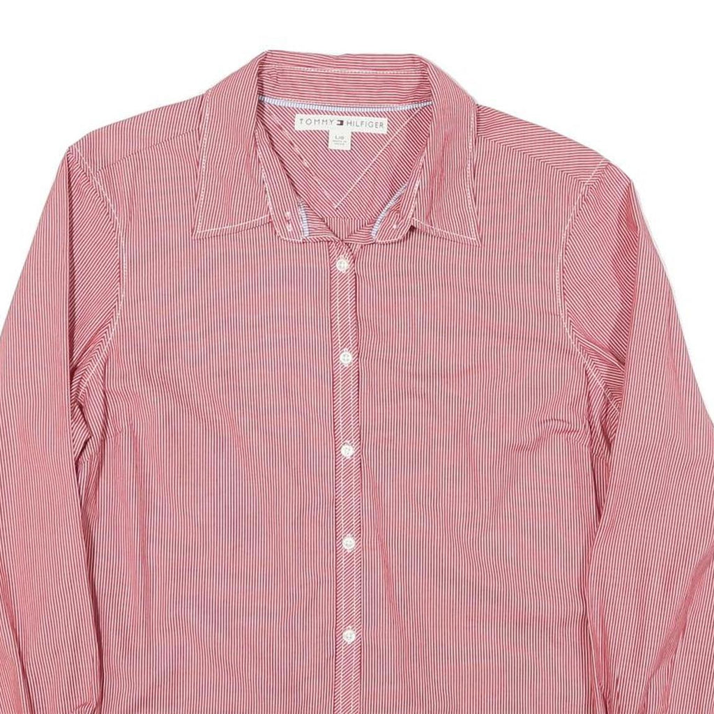 TOMMY HILFIGER Womens Red Striped Shirt L Button Front Classic Collar Cotton