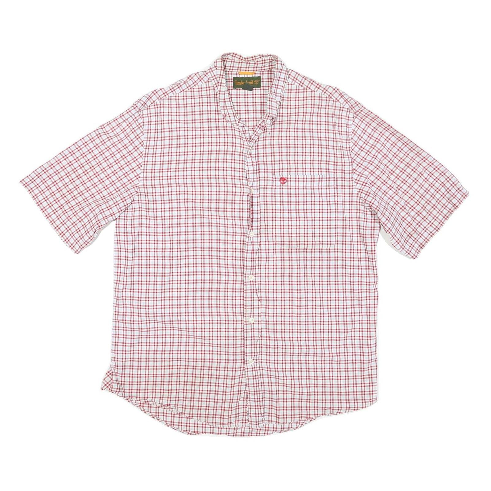 TIMBERLAND Mens Red & White Checked Shirt M Short Sleeve Cotton Blend Casual