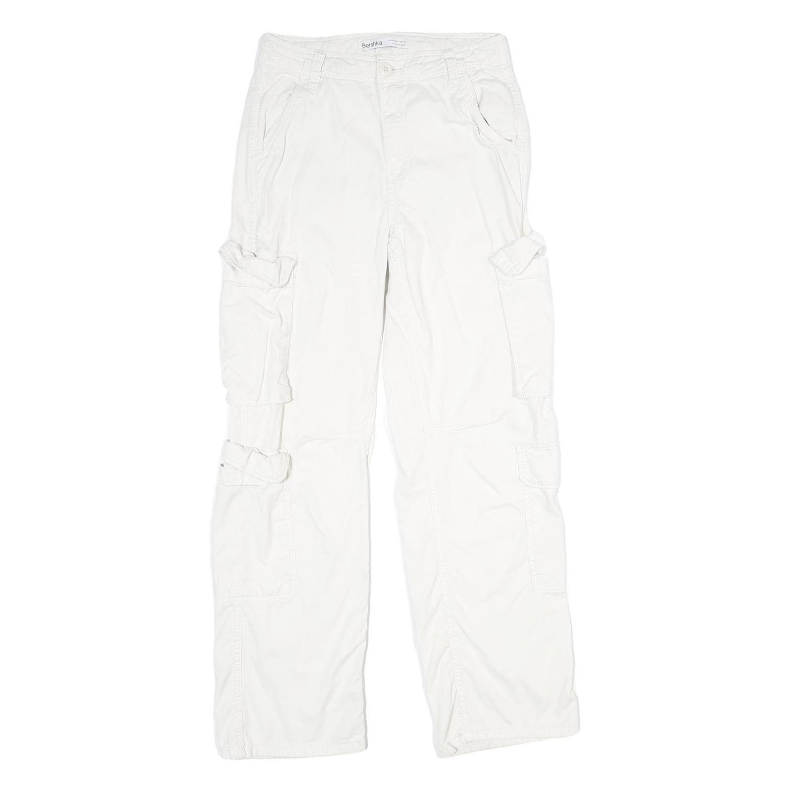 BERSHKA Womens White Regular Cargo Trousers W26 L32 Cotton Zip Pockets
