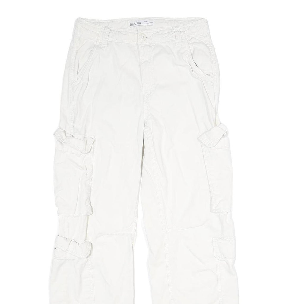 BERSHKA Womens White Regular Cargo Trousers W26 L32 Cotton Zip Pockets