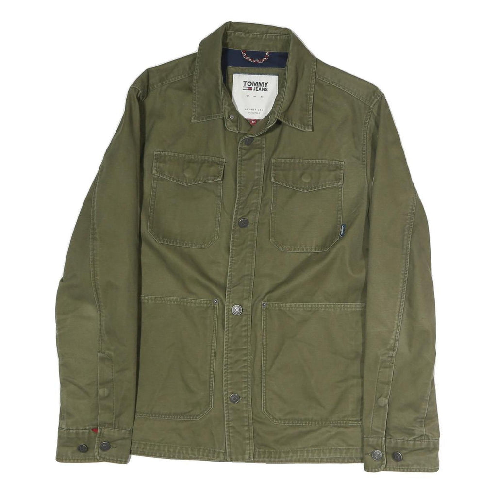 TOMMY JEANS Mens Green Cotton Button Jacket M Casual Lightweight Embroidered