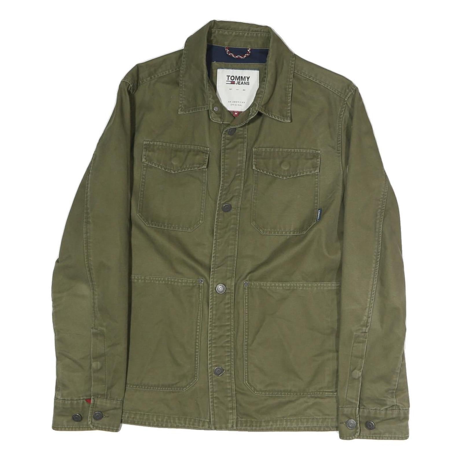 TOMMY JEANS Mens Green Cotton Button Jacket M Casual Lightweight Embroidered