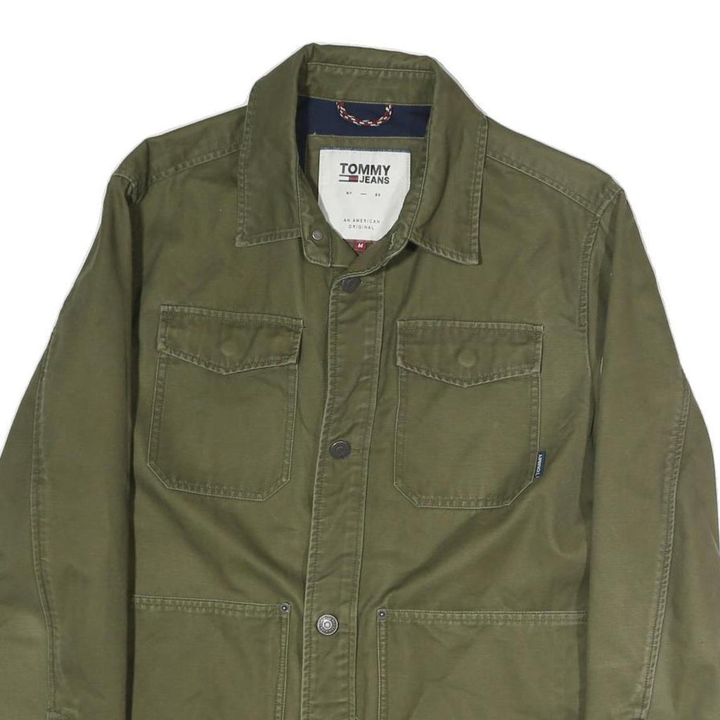 TOMMY JEANS Mens Green Cotton Button Jacket M Casual Lightweight Embroidered