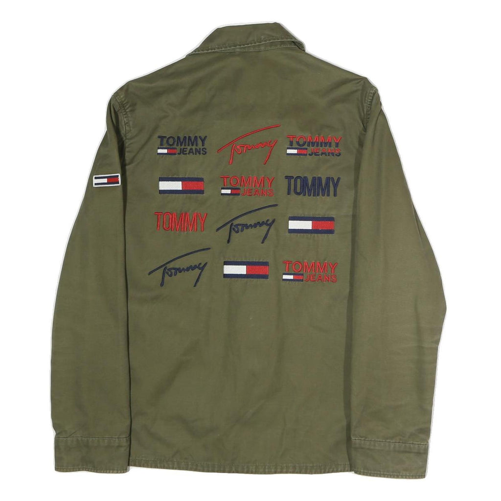 TOMMY JEANS Mens Green Cotton Button Jacket M Casual Lightweight Embroidered