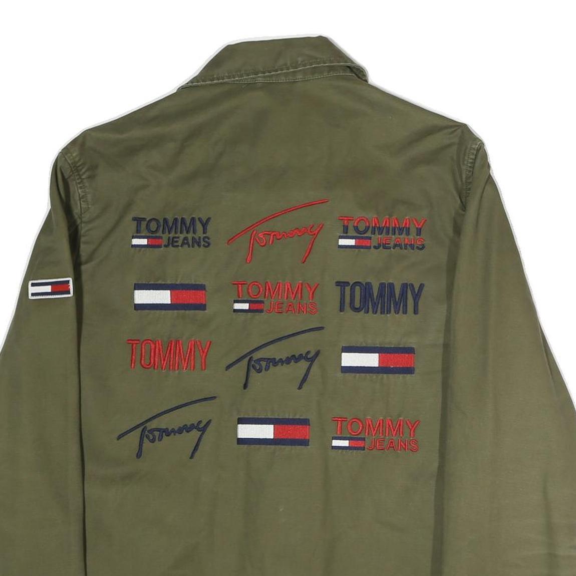 TOMMY JEANS Mens Green Cotton Button Jacket M Casual Lightweight Embroidered