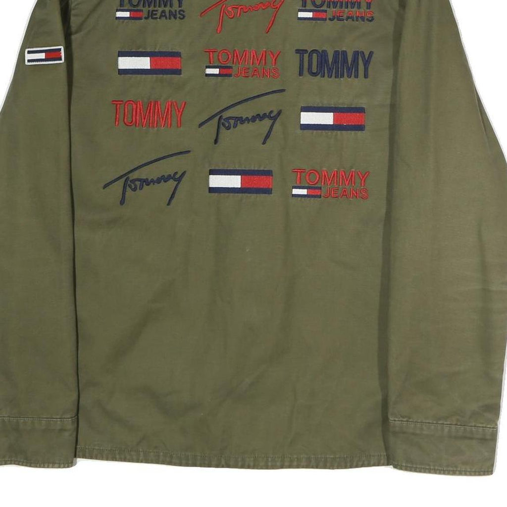 TOMMY JEANS Mens Green Cotton Button Jacket M Casual Lightweight Embroidered