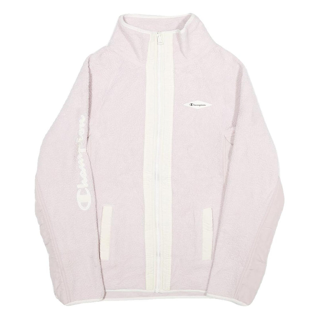 CHAMPION Womens Pink & White Logo Zip Fleece Jacket M Polyester Casual