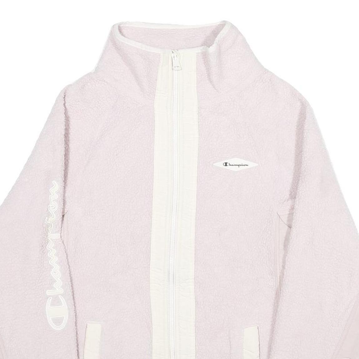 CHAMPION Womens Pink & White Logo Zip Fleece Jacket M Polyester Casual