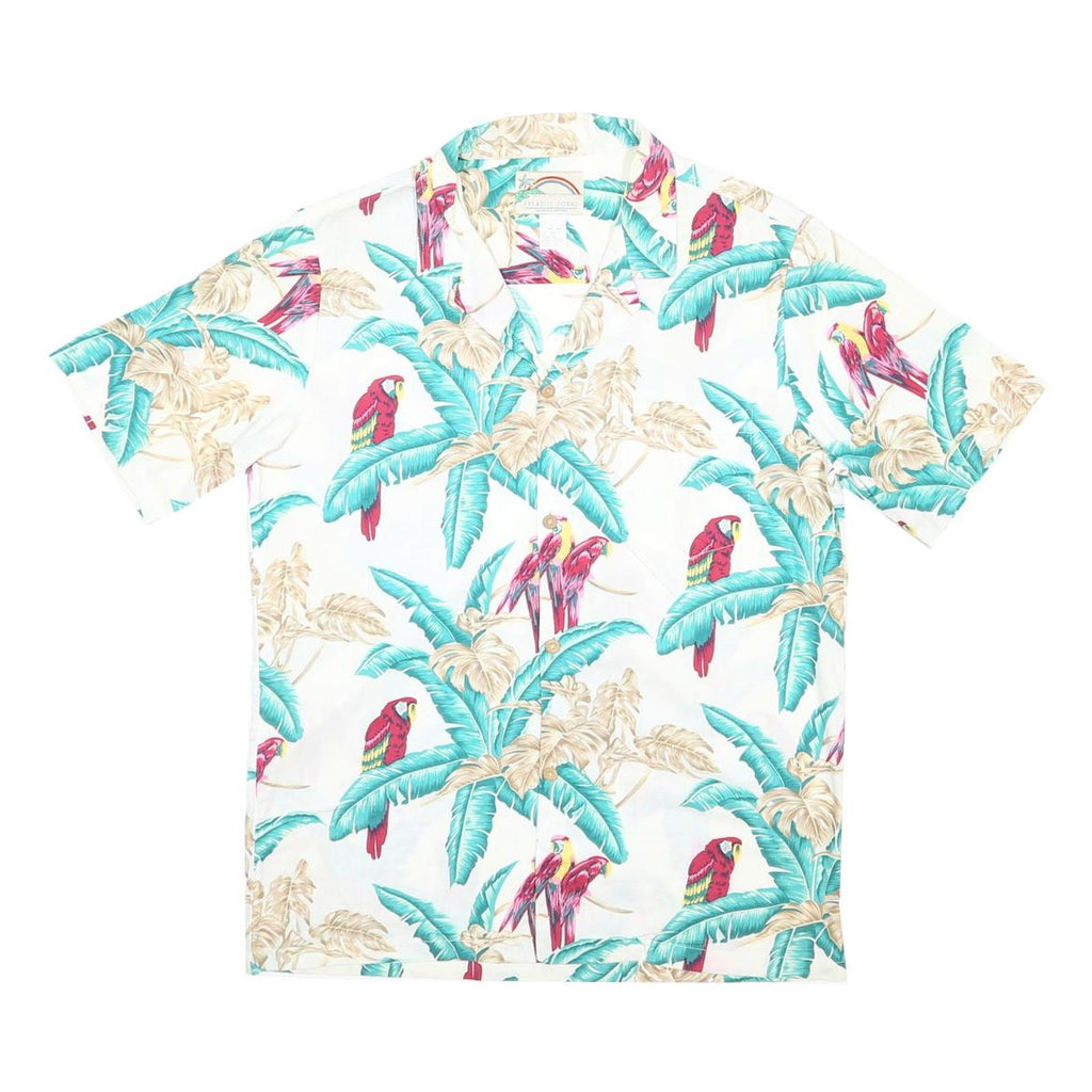 PARADISE FOUND Mens White & Aqua Tropical Parrot Print Shirt L Cotton Blend
