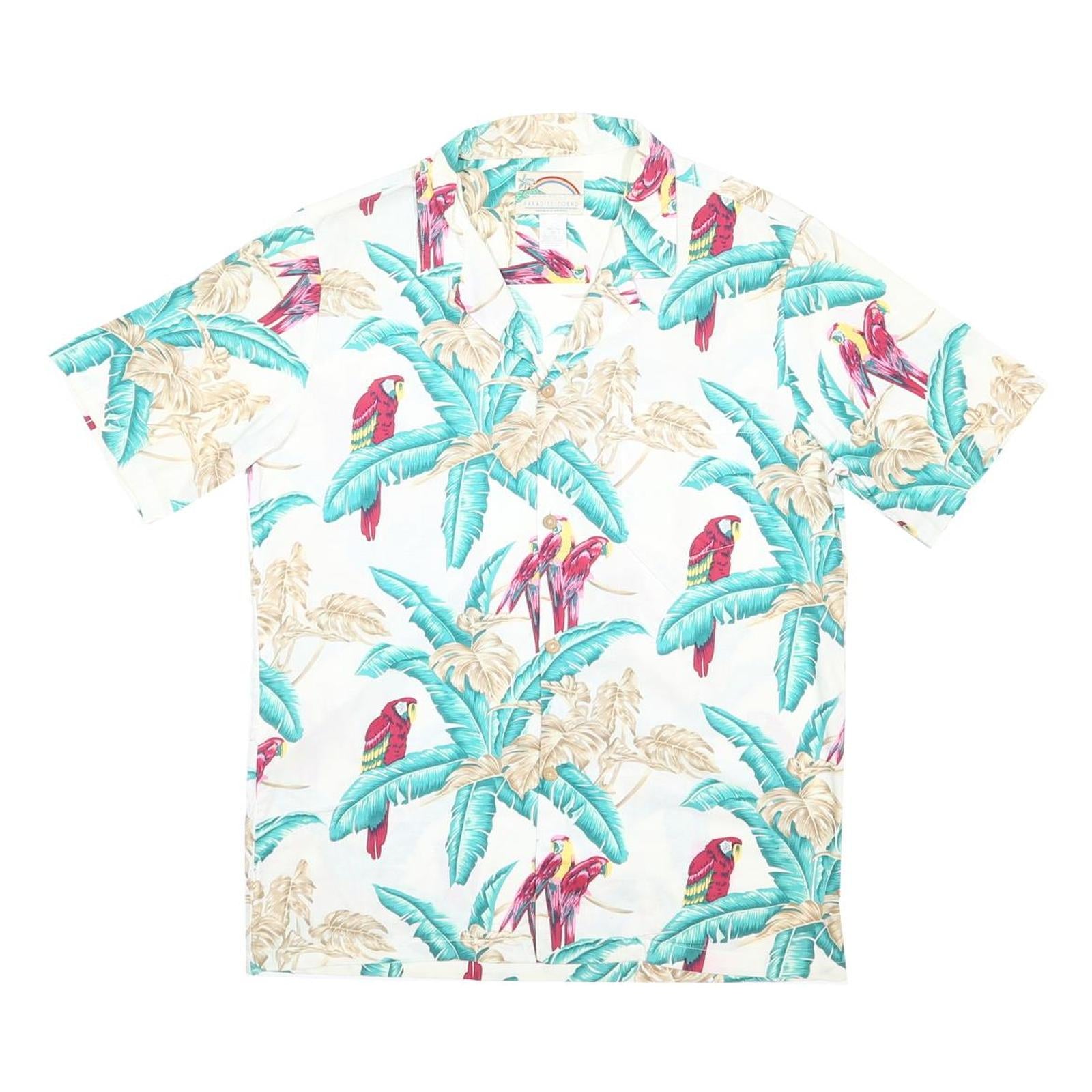 PARADISE FOUND Mens White & Aqua Tropical Parrot Print Shirt L Cotton Blend