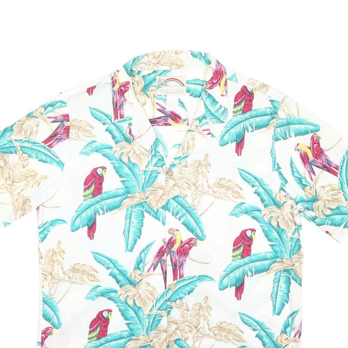PARADISE FOUND Mens White & Aqua Tropical Parrot Print Shirt L Cotton Blend