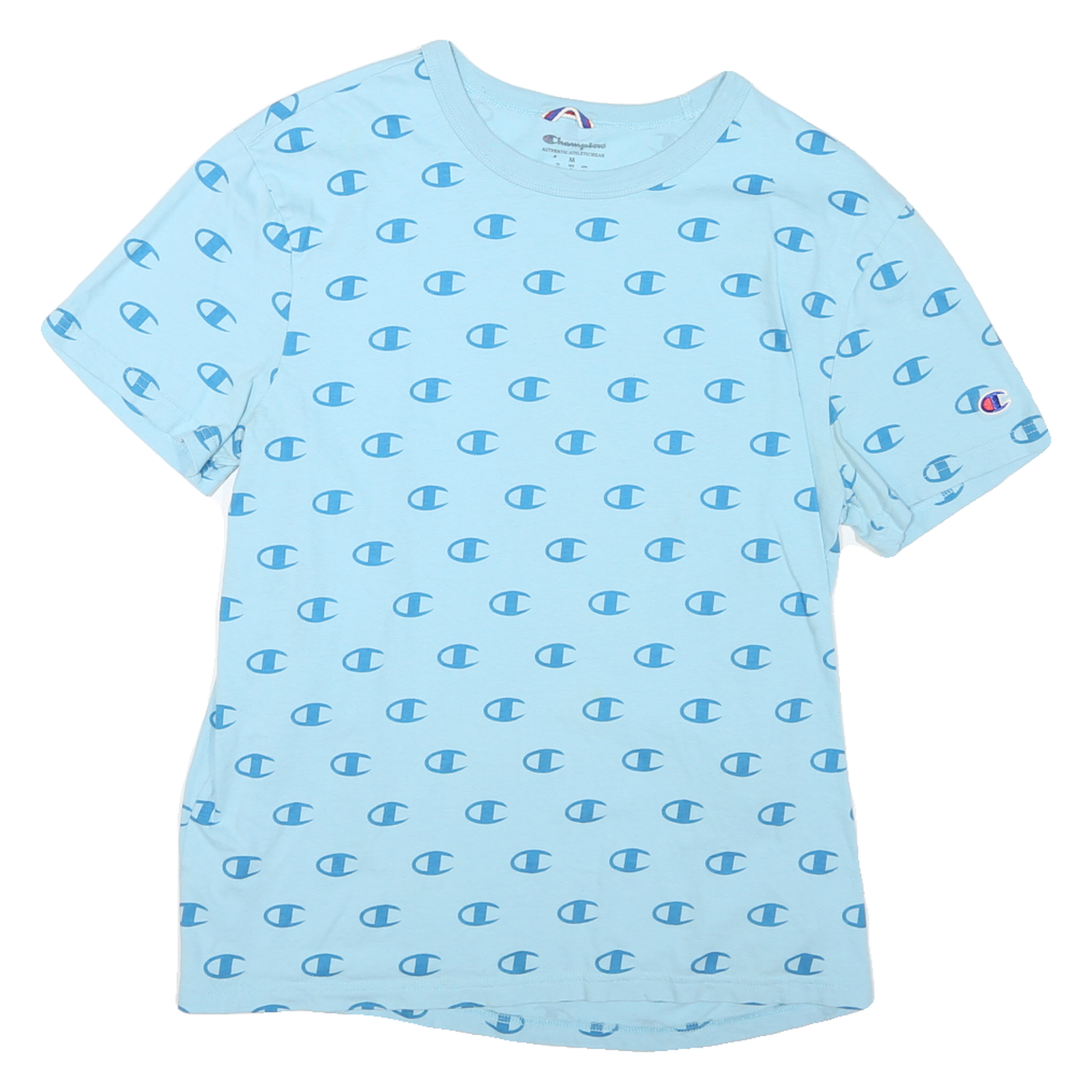 CHAMPION Mens Blue All Over Logo Print T-Shirt M Short Sleeve Crew Neck Cotton