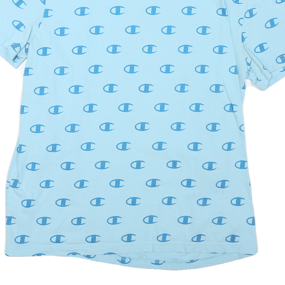 CHAMPION Mens Blue All Over Logo Print T-Shirt M Short Sleeve Crew Neck Cotton