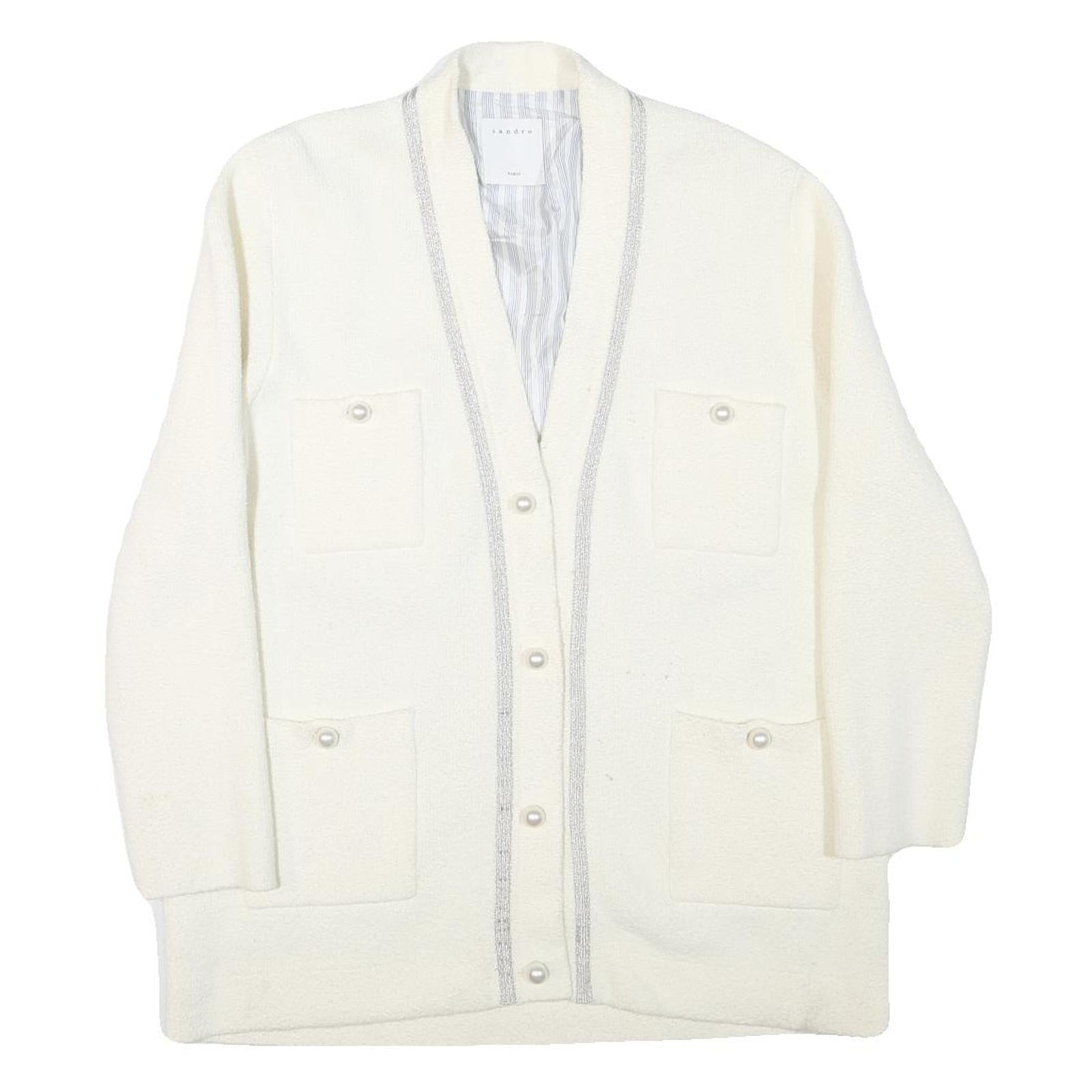SANDRO Womens White Jacket M Polyester Blend Plain Button Vintage Chic