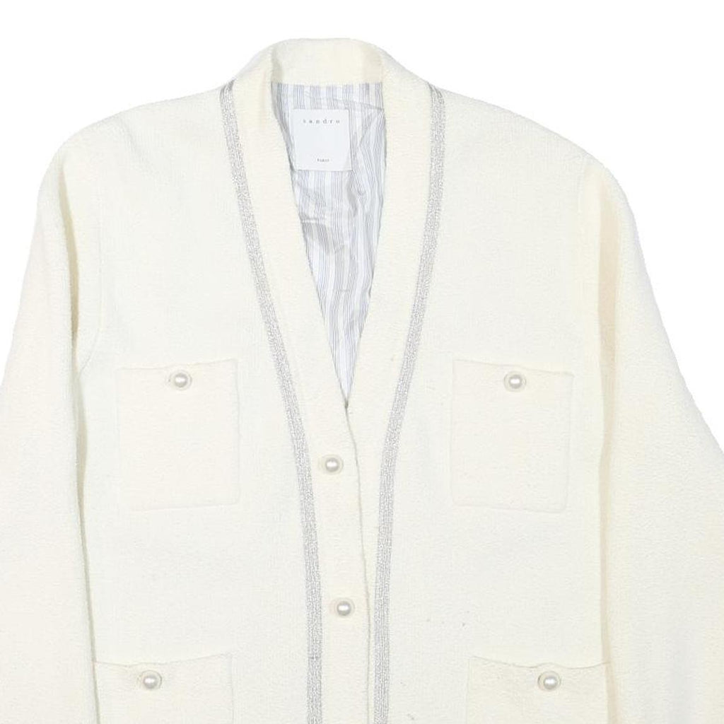 SANDRO Womens White Jacket M Polyester Blend Plain Button Vintage Chic