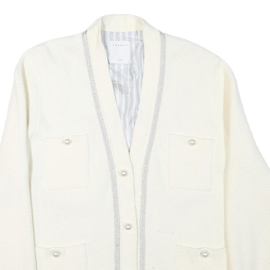 SANDRO Womens White Jacket M Polyester Blend Plain Button Vintage Chic