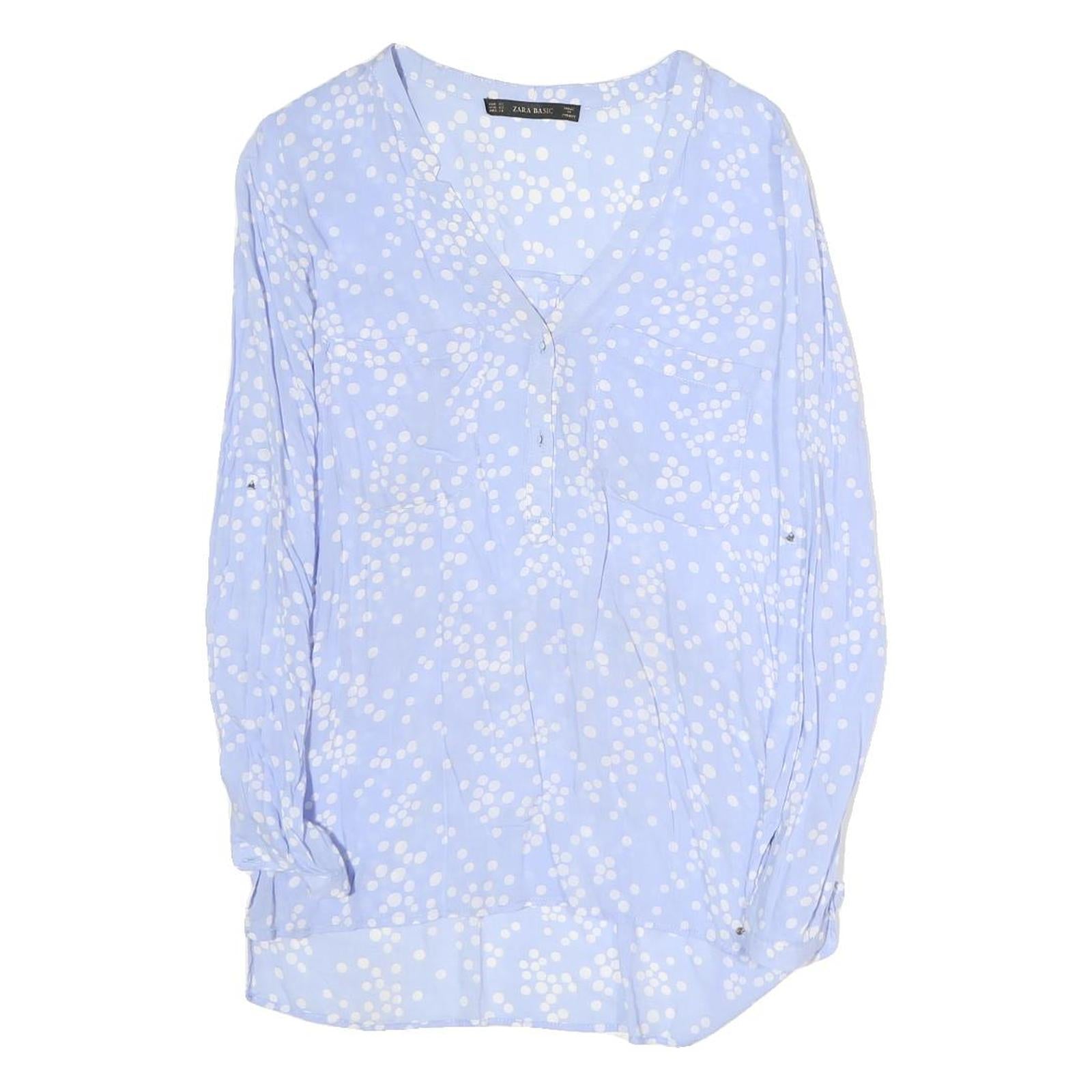 ZARA Womens Blue & White Polka Dot Long Sleeve V-Neck Top XS Lightweight