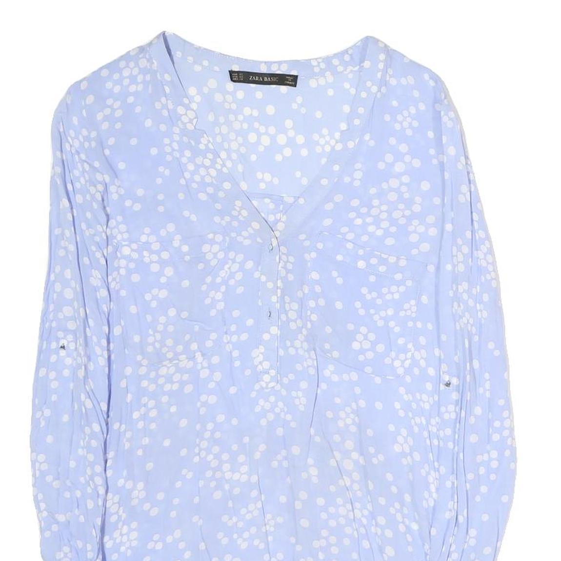 ZARA Womens Blue & White Polka Dot Long Sleeve V-Neck Top XS Lightweight