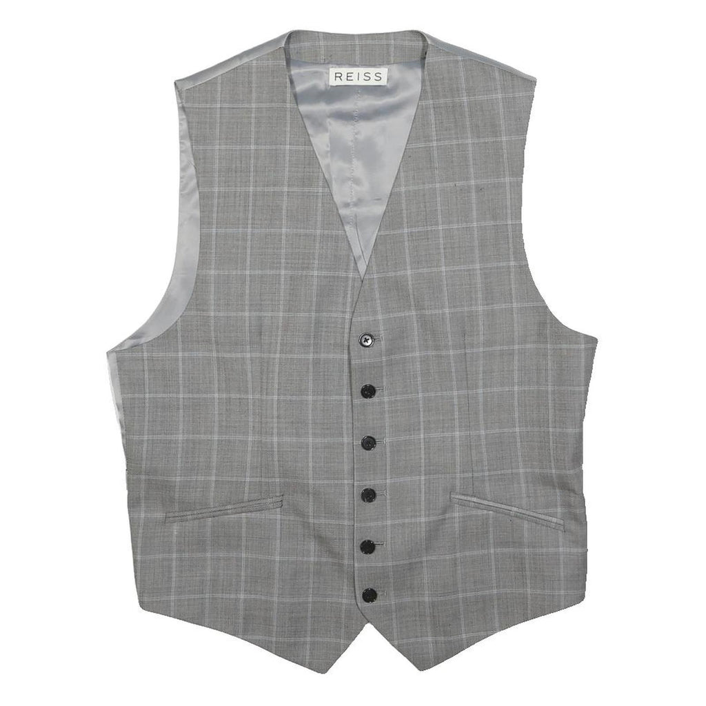 REISS Mens Grey Check Waistcoat Cotton Blend M Woven Classic Button Closure
