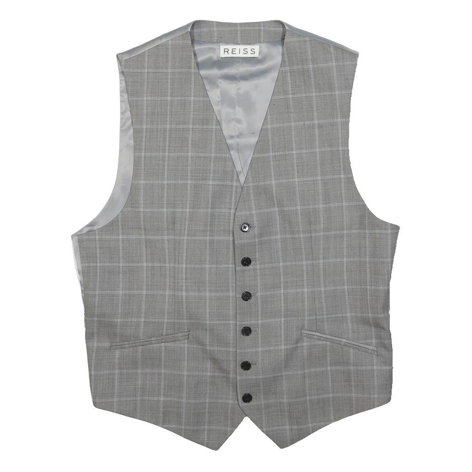 REISS Mens Grey Check Waistcoat Cotton Blend M Woven Classic Button Closure