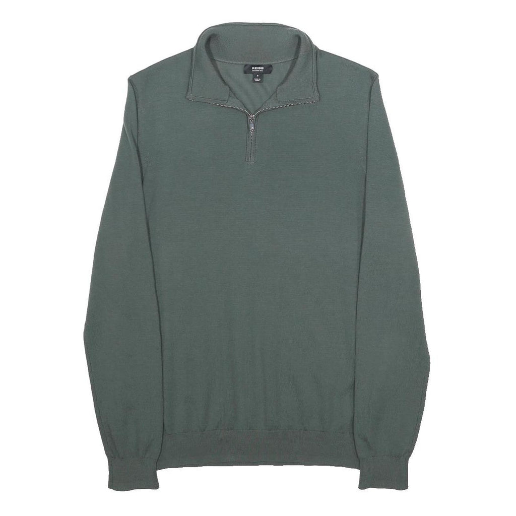 REISS Mens Green Pullover Plain Quarter Zip Basic Knit S Wool Jumper